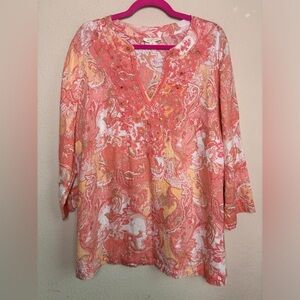 Charter Club Luxury 100% Linen Peach Pink Paisley 3/4 Sleeve Embellished Top 2X
